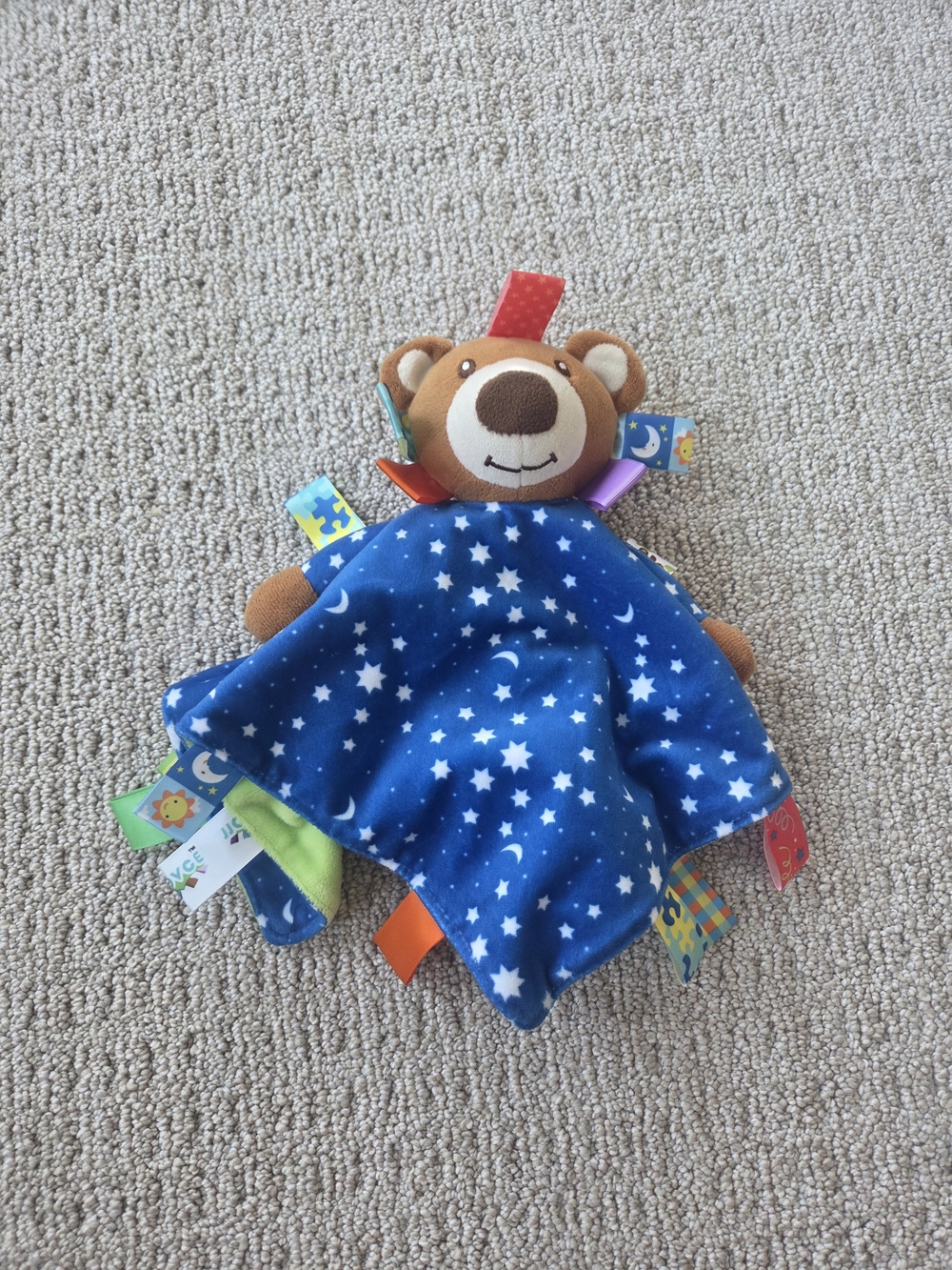 Taggies Blue Star Bear Lovey with Colorful Ribbon Tags